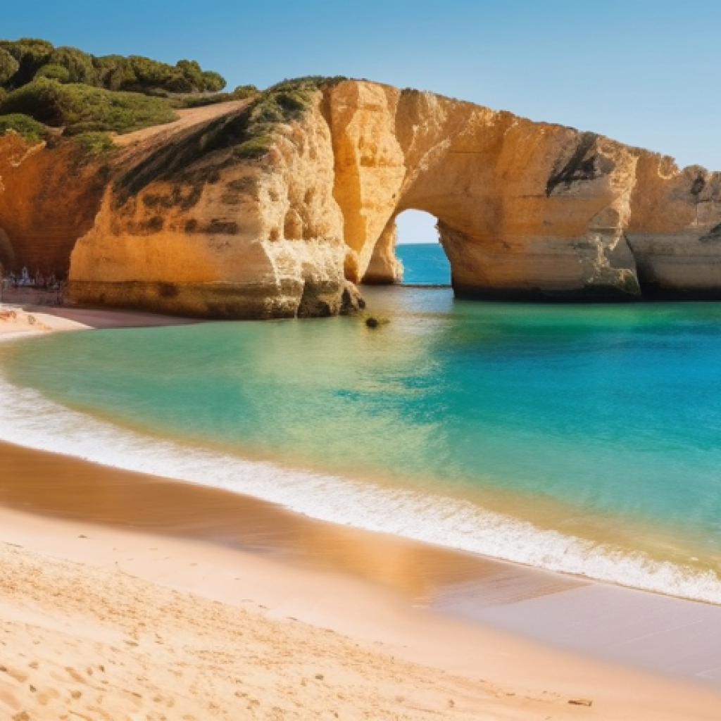 방사선 노출량 계산법 - **Prompt:** A serene, sun-drenched beach scene in the Algarve, Portugal. A multi-generational family...