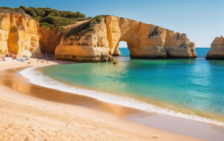 방사선 노출량 계산법 - **Prompt:** A serene, sun-drenched beach scene in the Algarve, Portugal. A multi-generational family...