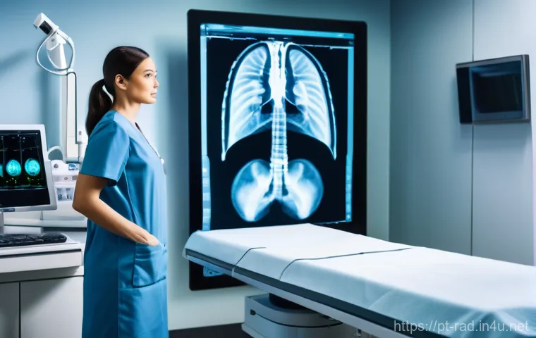 방사선 노출 줄이는 검진 방법 - **Image Prompt 1: Advanced Radiography and AI Optimization**
    "A brightly lit, modern medical ima...