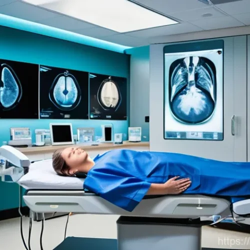 방사선과 진료 후기 - **Prompt:** A modern, brightly lit radiology suite. In the foreground, a female patient in her late ...