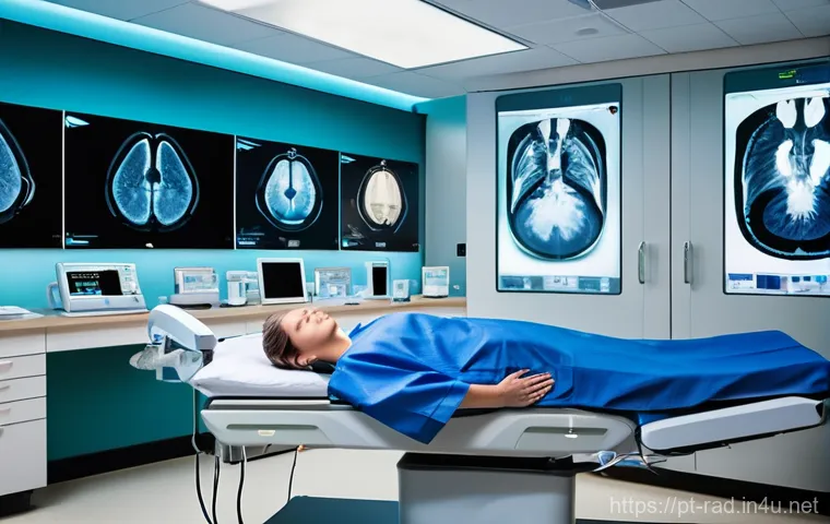 방사선과 진료 후기 - **Prompt:** A modern, brightly lit radiology suite. In the foreground, a female patient in her late ...