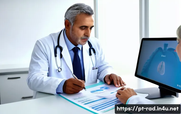 방사선 치료 의료보험 청구 - A professional healthcare setting in Brazil showing a middle-aged patient consulting with a doctor a...