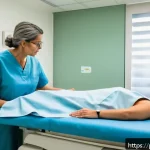 Home 22 갑상선암 방사선 검사 후기 - A calm and professional medical clinic room where a middle-aged Brazilian patient is lying comfortab...