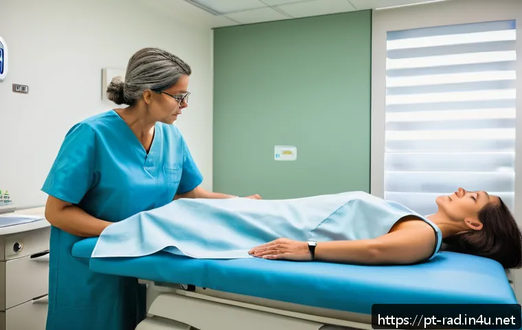 갑상선암 방사선 검사 후기 - A calm and professional medical clinic room where a middle-aged Brazilian patient is lying comfortab...