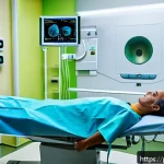 Home 19 갑상선암 방사선 치료 효과 - A detailed, realistic medical scene showing a middle-aged Brazilian patient undergoing external radi...