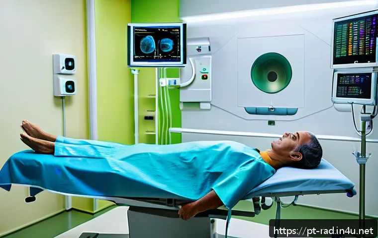 갑상선암 방사선 치료 효과 - A detailed, realistic medical scene showing a middle-aged Brazilian patient undergoing external radi...