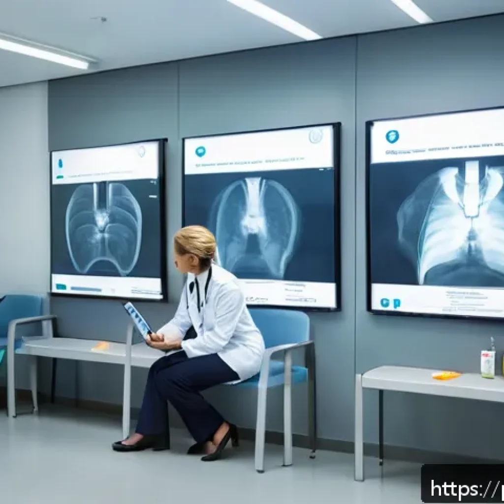 방사선 검사와 안전 가이드 - A modern radiology clinic interior featuring a diverse group of patients including a middle-aged wom...
