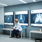 Home 18 방사선 검사와 안전 가이드 - A modern radiology clinic interior featuring a diverse group of patients including a middle-aged wom...