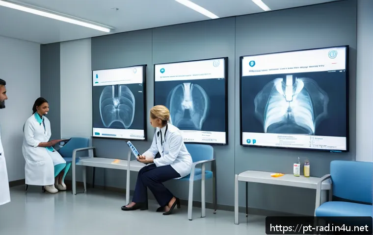 방사선 검사와 안전 가이드 - A modern radiology clinic interior featuring a diverse group of patients including a middle-aged wom...