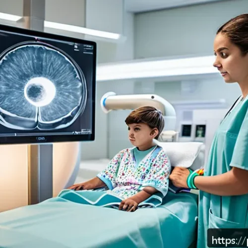 Home 17 소아 방사선 치료 효과 - A young Portuguese child patient wearing a colorful hospital gown and medical wristband, lying comfo...