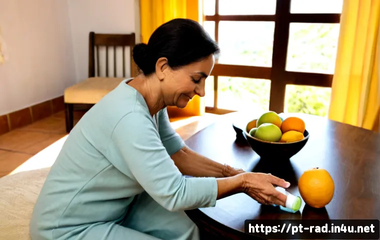 Home 17 방사선 치료 후 관리법 - Photorealistic home recovery scene in Brazil, a middle-aged adult wearing comfortable long-sleeved c...
