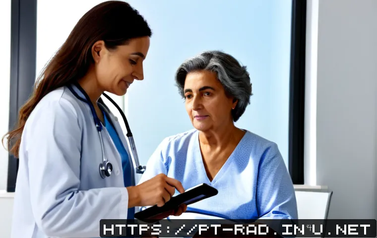 방사선 치료 장기 부작용 - Photorealistic hospital follow-up consultation in Portugal, compassionate middle-aged doctor reviewi...